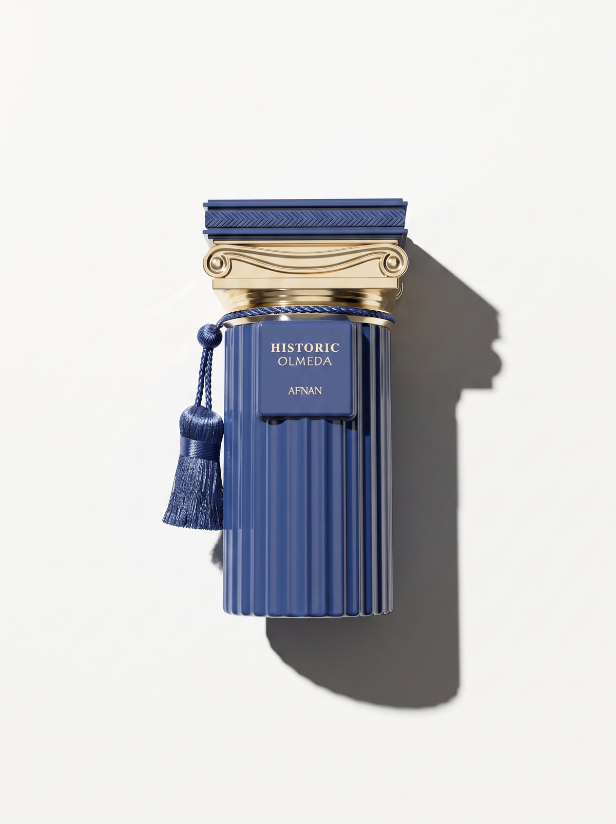 Afnan Historic Olmeda — navy fluted column bottle with a gold Ionic-capital cap and navy tassel, top-down